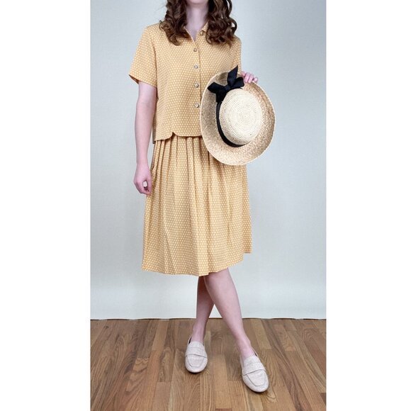 Vintage Matching Skirt Set Midi Pleated High Rise Blouse Coord Top Preppy Dress - Picture 5 of 9